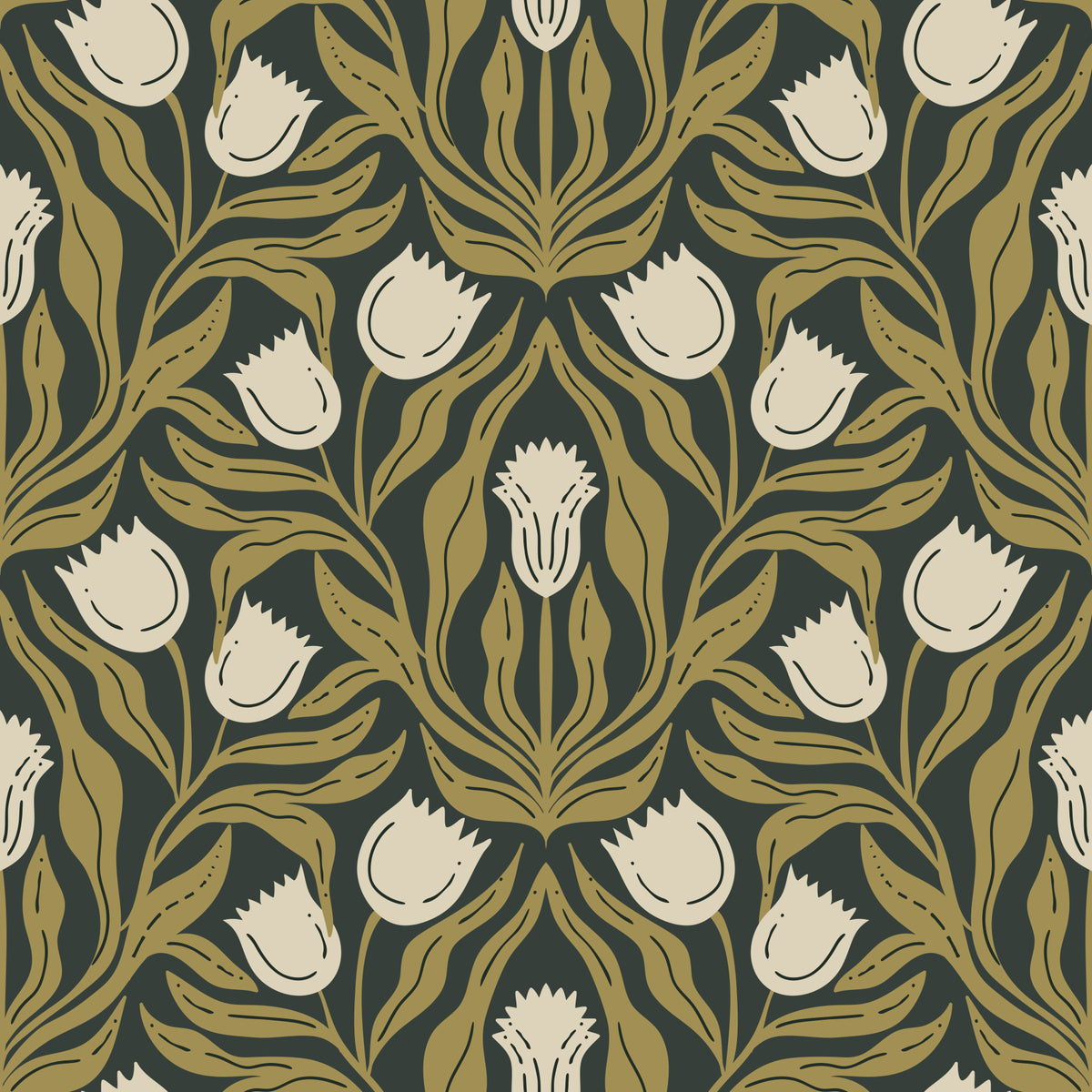 Art Nouveau Tulip Botanical Pattern Wallpaper⁠ in your room — zoomed