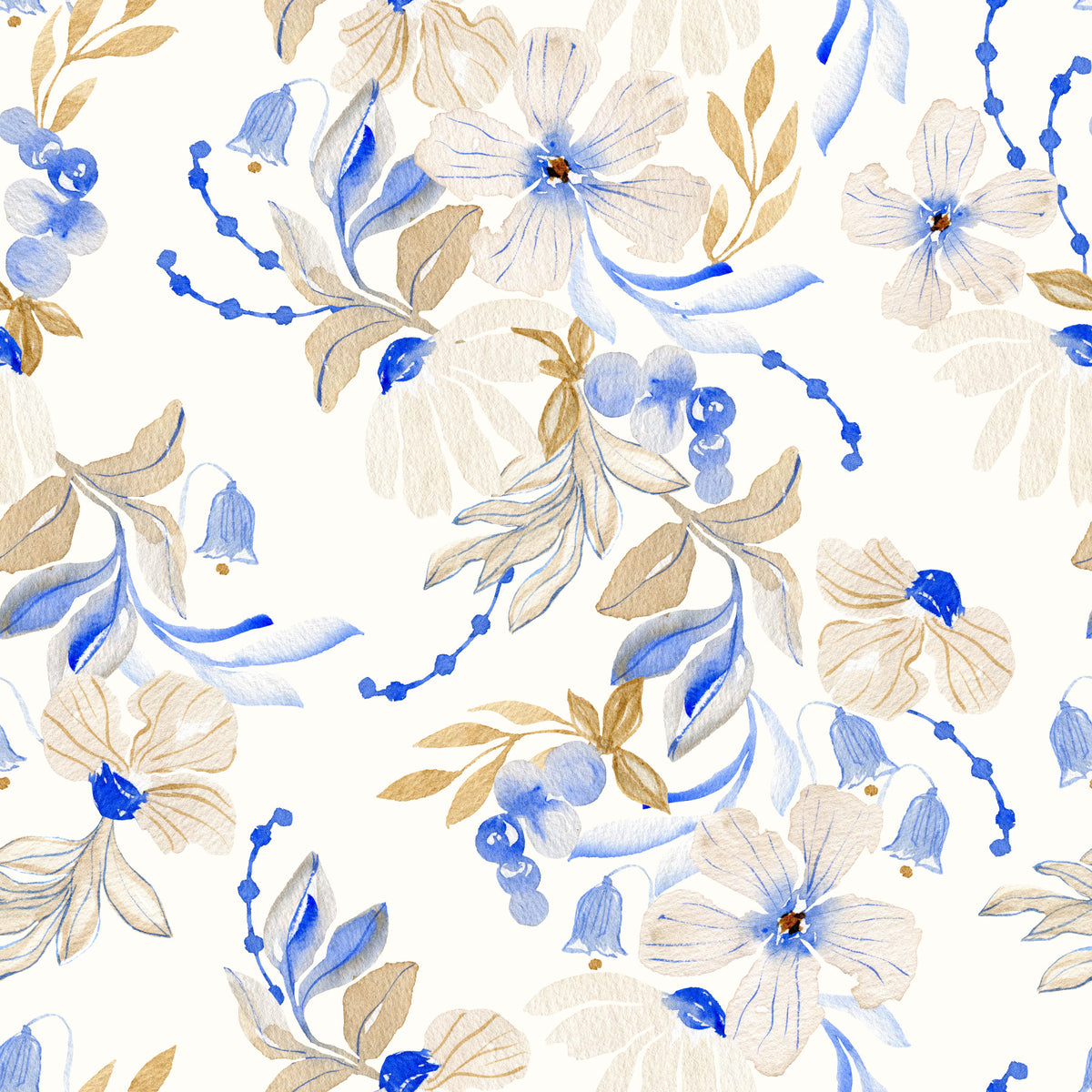 Watercolor Blue and Beige Floral Botanical Wallpaper⁠