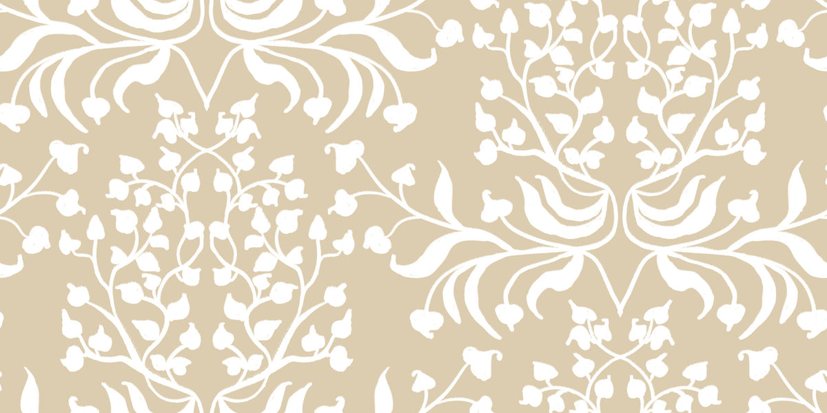Cream and White Damask Silhouette Wallpaper⁠ in your room — zoomed