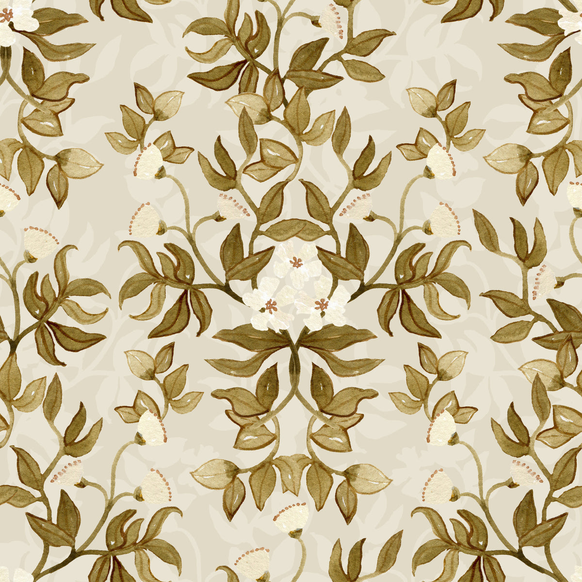 Vintage Hand-Painted Foliage Repeats Wallpaper⁠