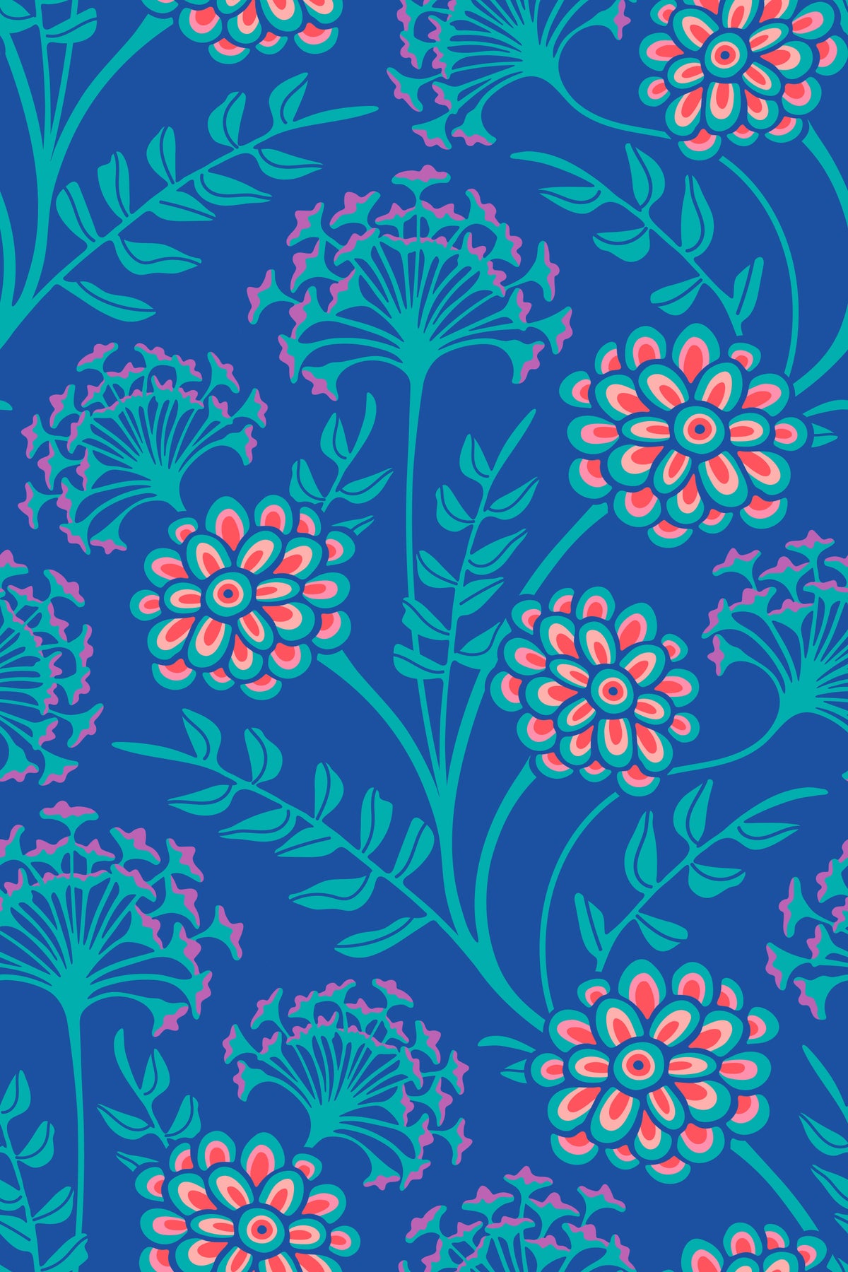 Danube Retro Vintage Floral Zinnia Cow Parsley in Turquoise Royal Blue Wallpaper⁠