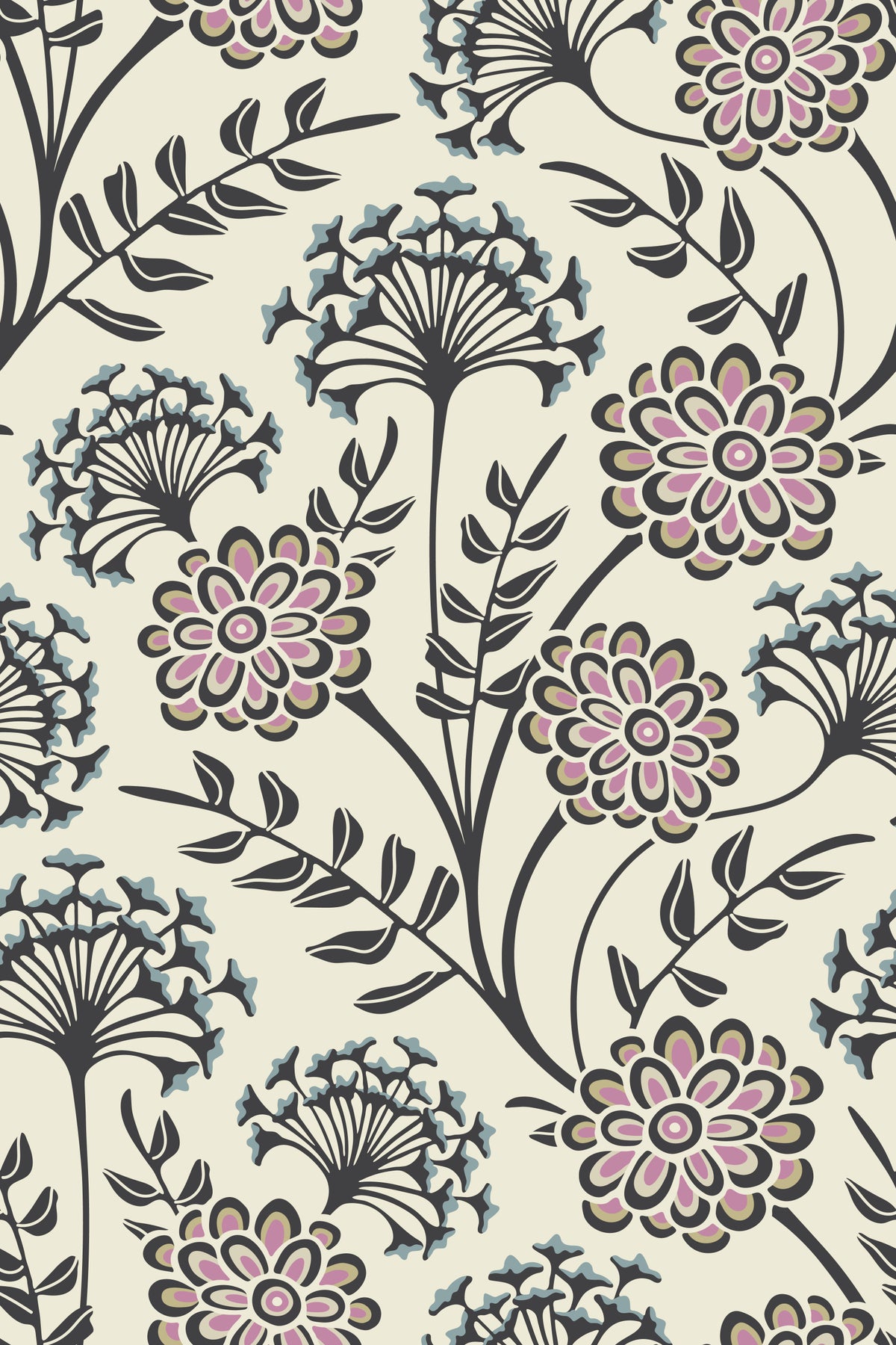 Danube Retro Vintage Floral Zinnia Cow Parsley in Charcoal Ecru Wallpaper⁠