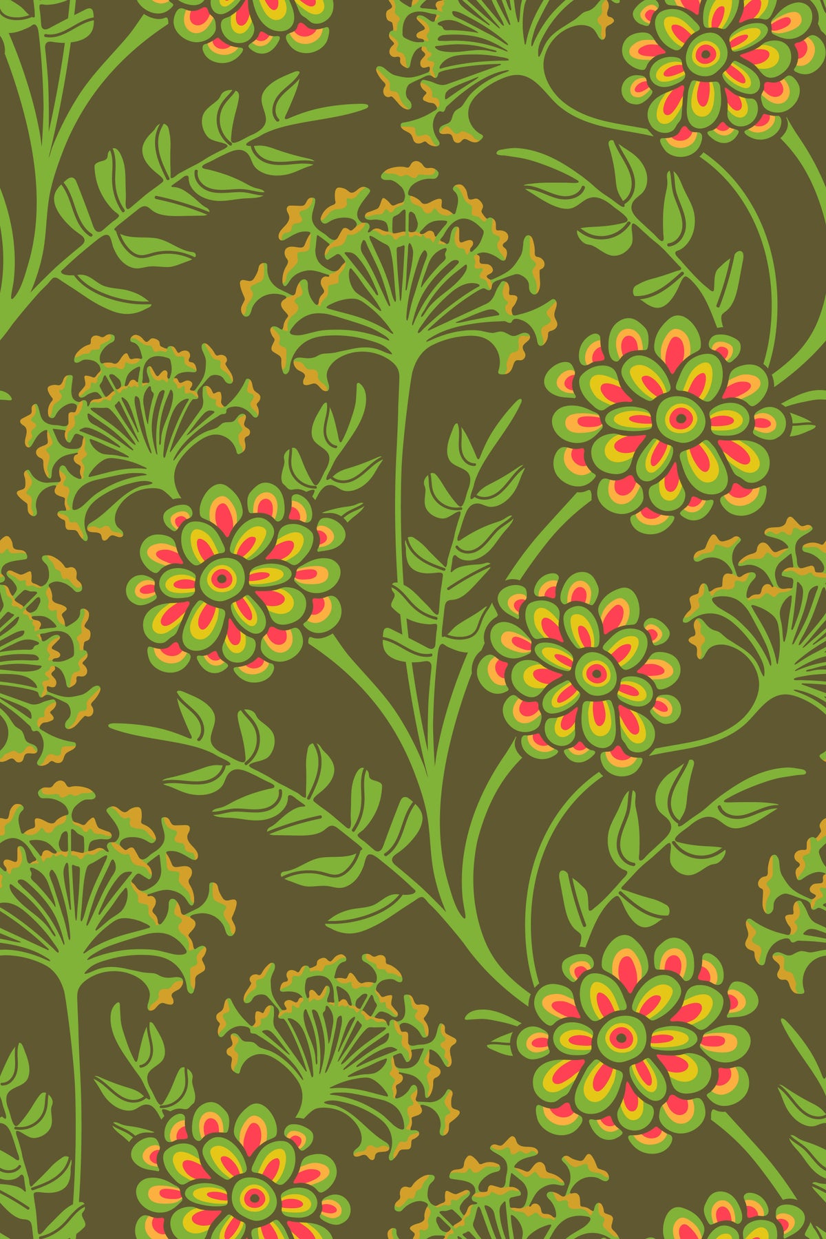 Danube Retro Vintage Floral Zinnia Cow Parsley in Yellow Moss Green Wallpaper⁠ in your room — zoomed