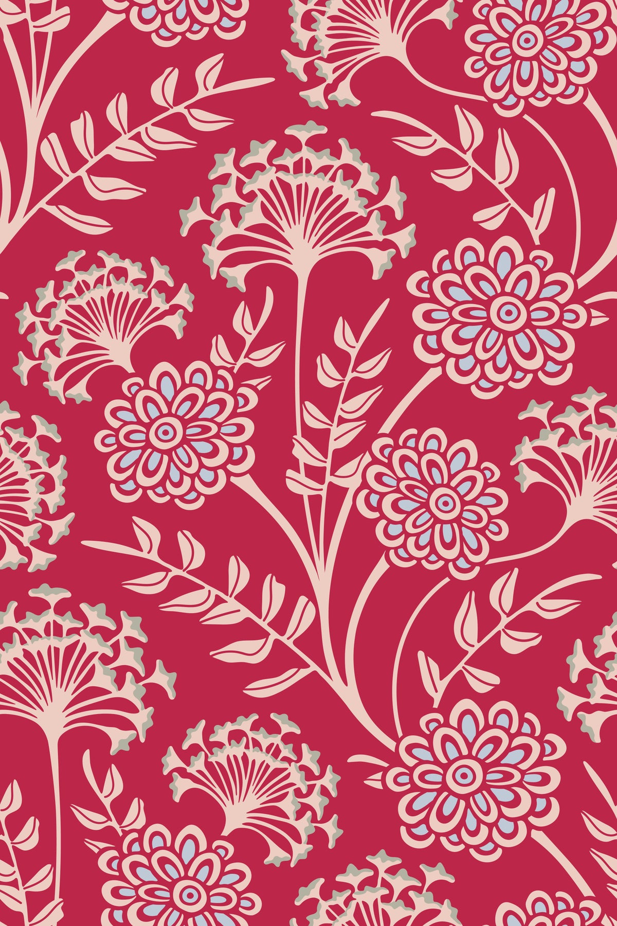 Danube Retro Vintage Floral Zinnia Cow Parsley in Viva Magenta Red Wallpaper⁠