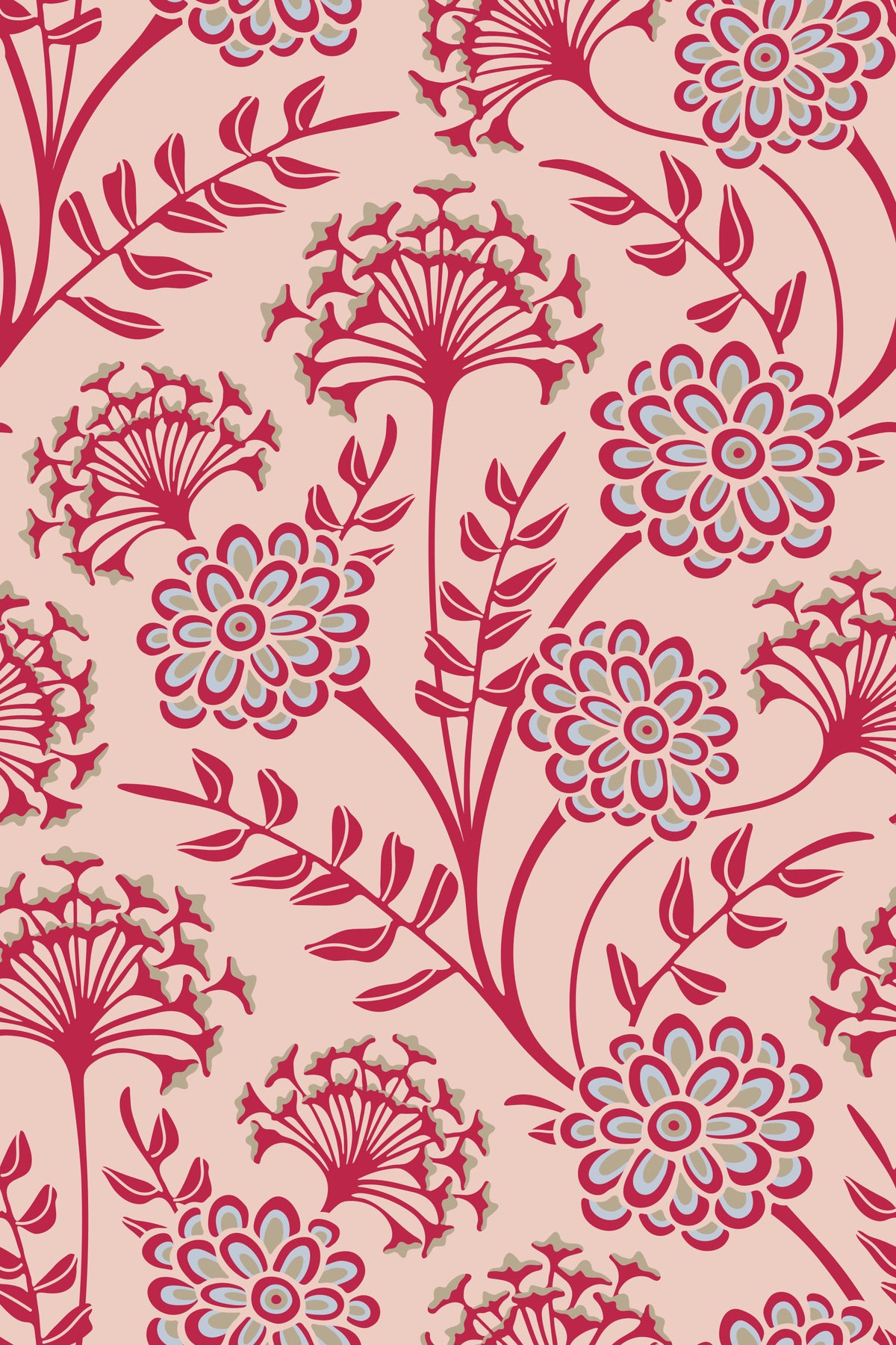 Danube Retro Vintage Floral Zinnia Cow Parsley in Viva Magenta Red Warm Sand  Wallpaper⁠