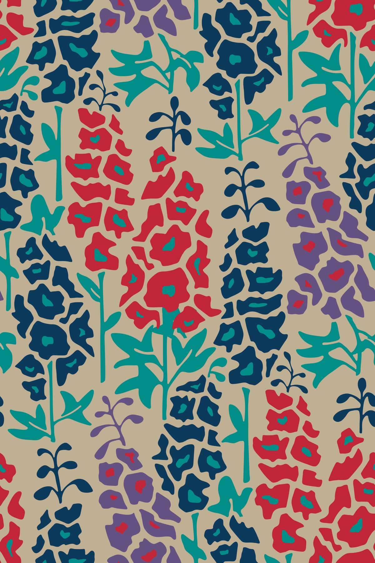 Delphinium Garden Retro Summer Floral Navy Blue Red Purple Wallpaper⁠