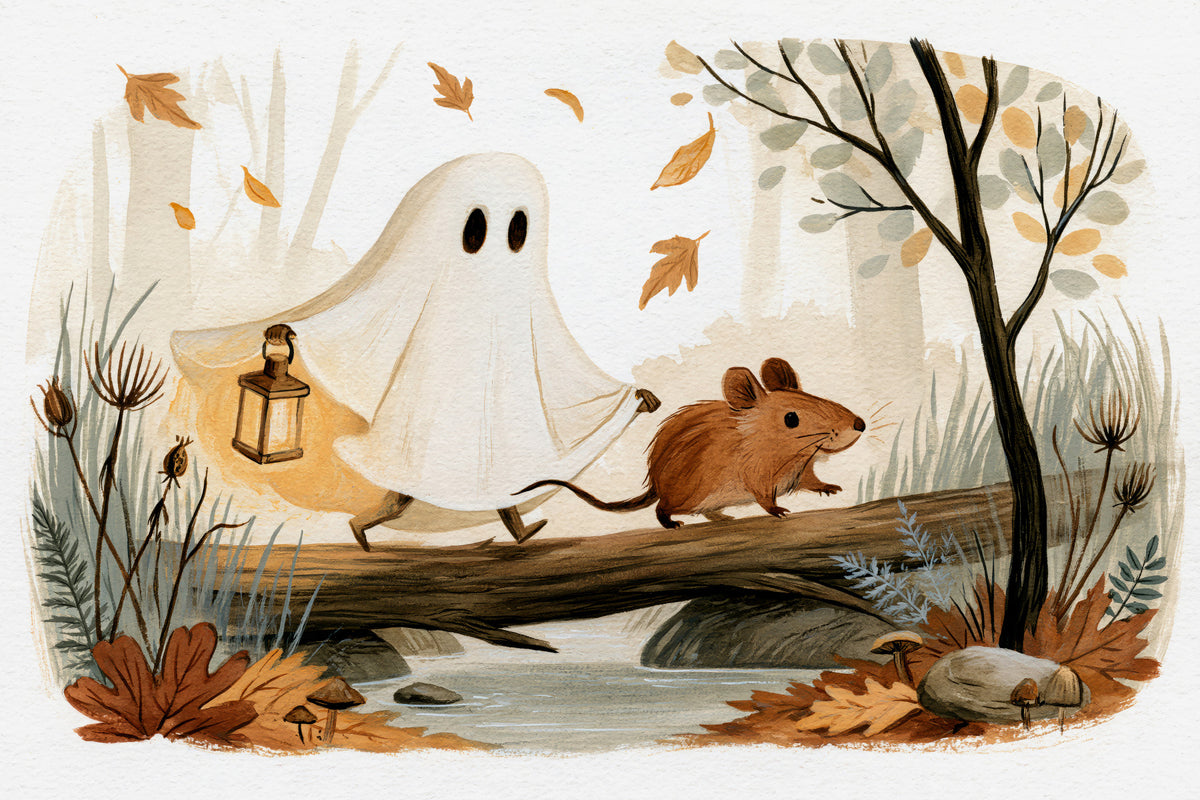 Little Ghost and Mouse Walk the Autumn Forest Wall Mural in your room — zoomed