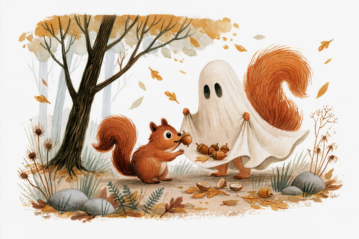 Little Ghost and Squirrel Share Autumn Acorns Wall Mural in your room — zoomed