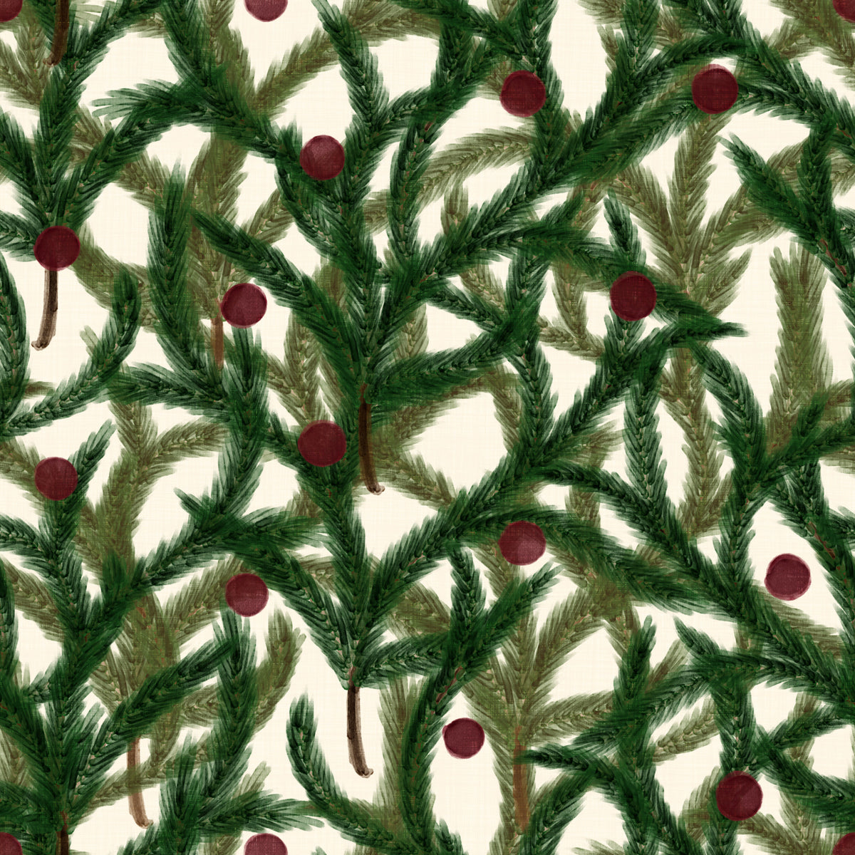 Dense Christmas Evergreen Pine Branch Winter Forest Pattern Wallpaper⁠ in your room — zoomed