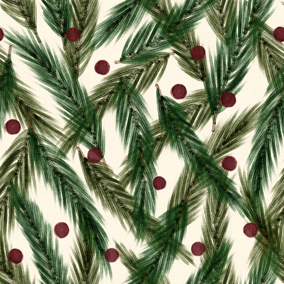 Watercolor Christmas Pine Needles and Red Berries Holiday Pattern Wallpaper⁠