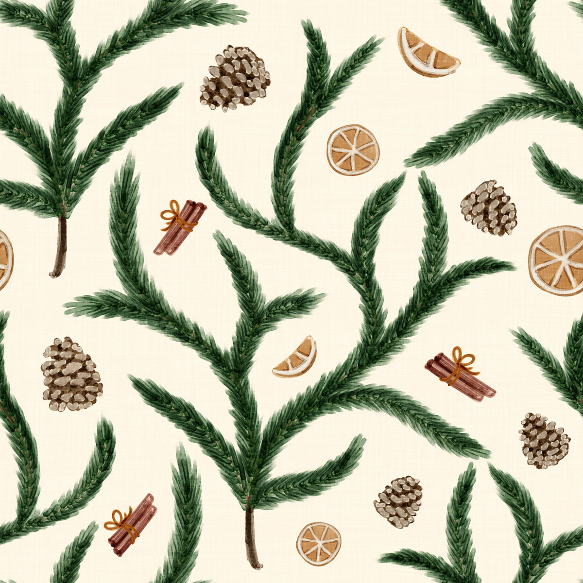 Watercolor Pine Branches with Oranges Cinnamon and Pine Cones Wallpaper⁠ in your room — zoomed