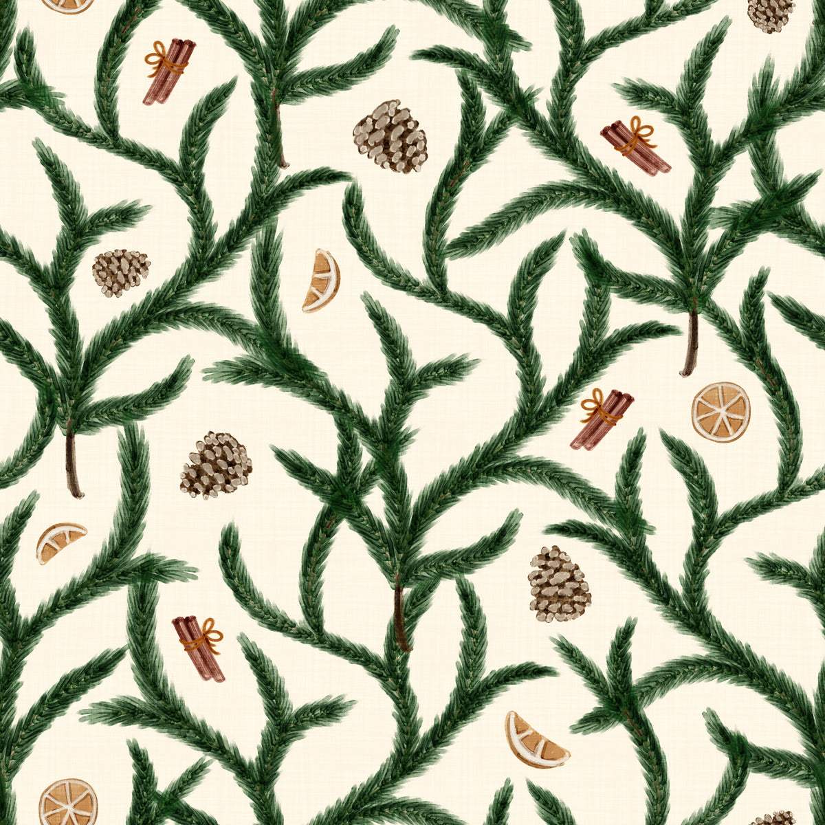 Watercolor Trellis Pine Branches with Oranges Cinnamon & Pine Cones Wallpaper⁠ in your room — zoomed