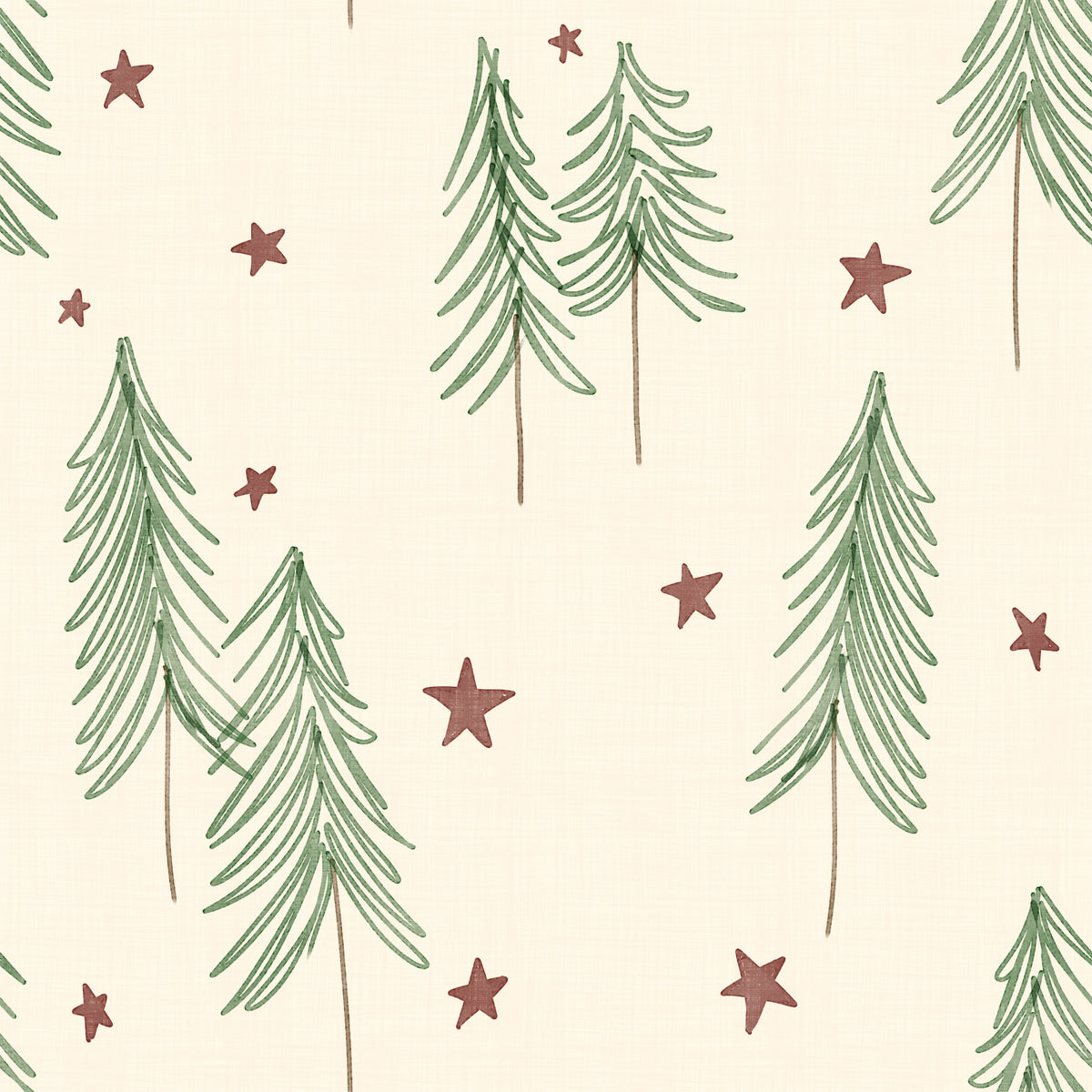 Woodland Pine Trees and Stars Winter Pattern - Green Red Wallpaper⁠ in your room — zoomed