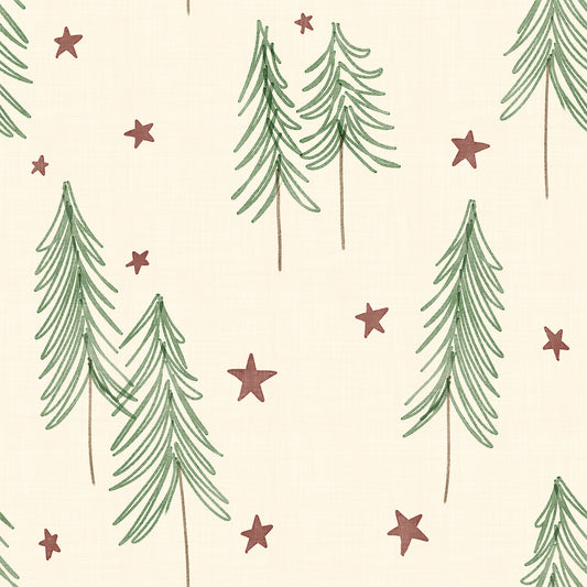 Woodland Pine Trees and Stars Winter Pattern - Green Red Wallpaper⁠