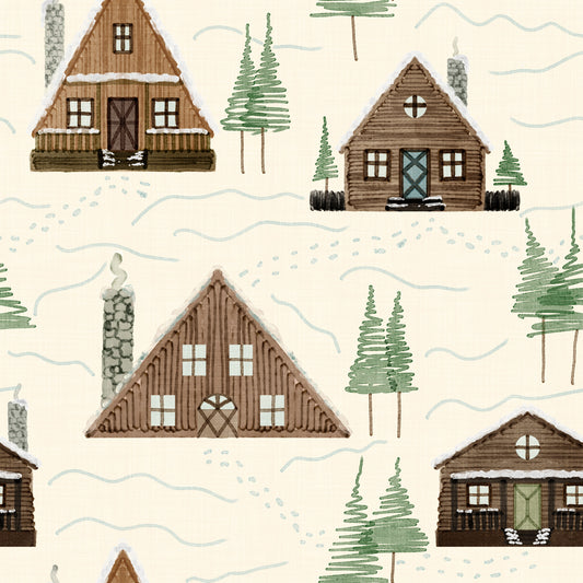 Small Snowy Mountain Huts Village Cabincore Winter Pattern Wallpaper⁠