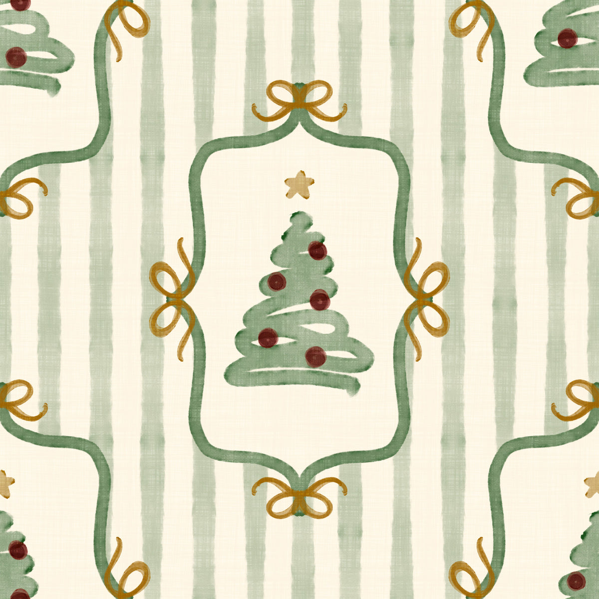 Preppy Christmas Tree Bows Ribbon Stripes - Forest Pine Green Wallpaper⁠ in your room — zoomed