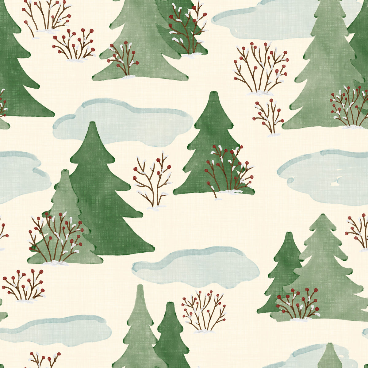 Snowy Winter Forest Pine Trees and Berries Pattern Wallpaper⁠ in your room — zoomed