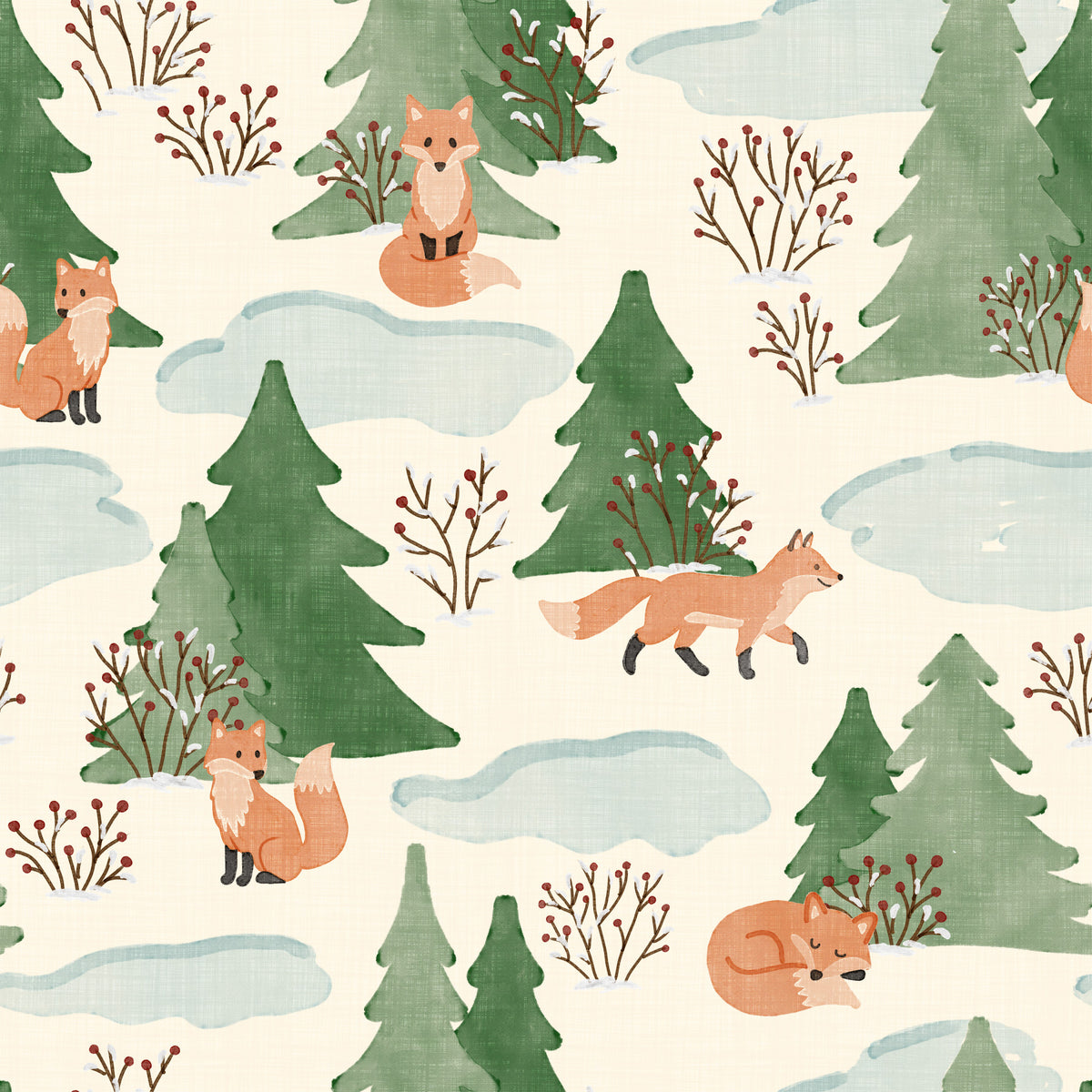 Watercolor Christmas Fox and Pine Trees Holiday Pattern Wallpaper⁠ in your room — zoomed