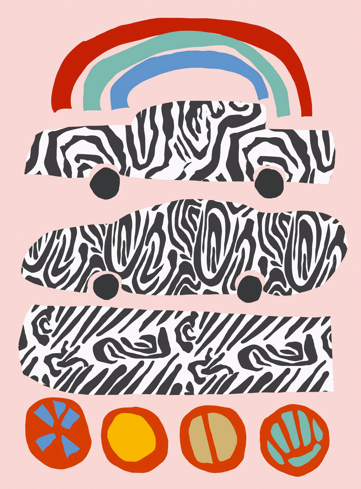 Modern Rainbow and Zebra Patterned Cars Wall Mural in your room — zoomed