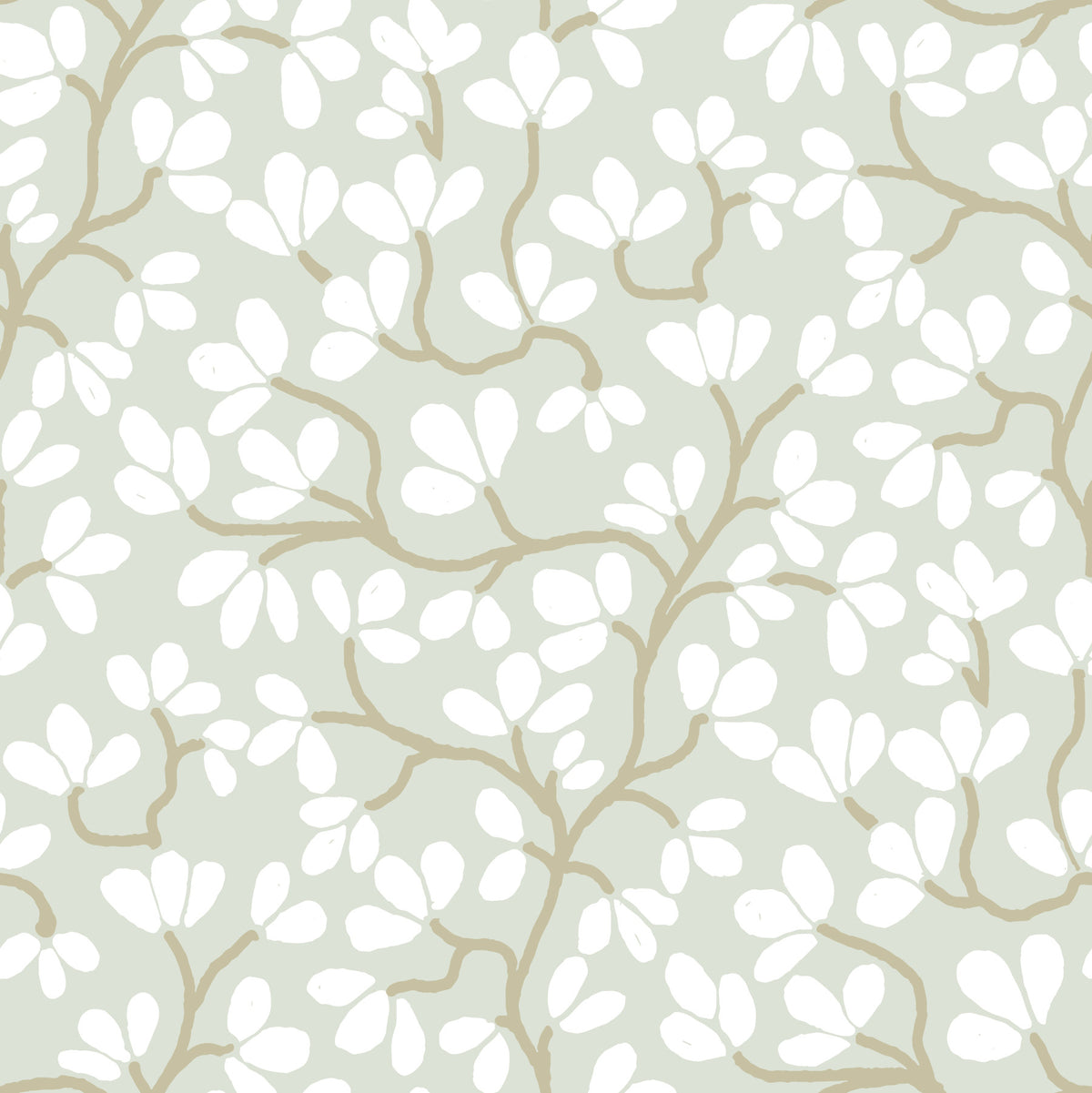 Soft Sage and White Hand-Drawn Floral Sprig Wall Mural in your room — zoomed