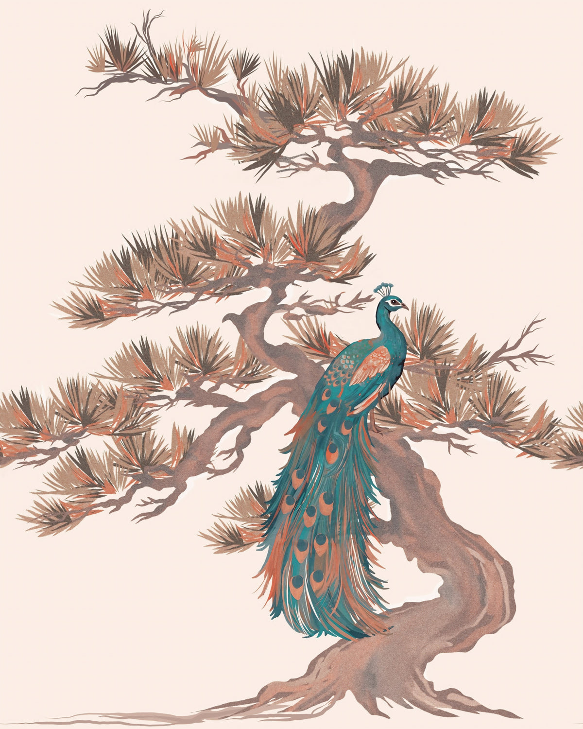 Chinoiserie Pine and Bird Motif Wall Mural