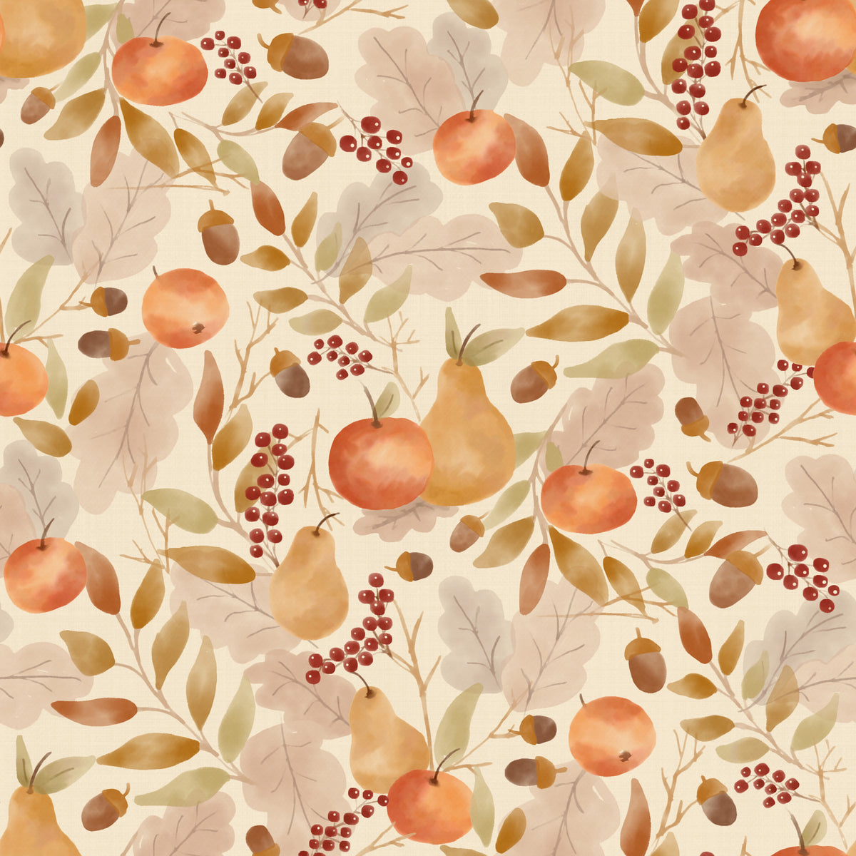 Watercolor Autumn Fruit Leaves Desaturated Soft Harvest Pattern Wallpaper⁠ in your room — zoomed