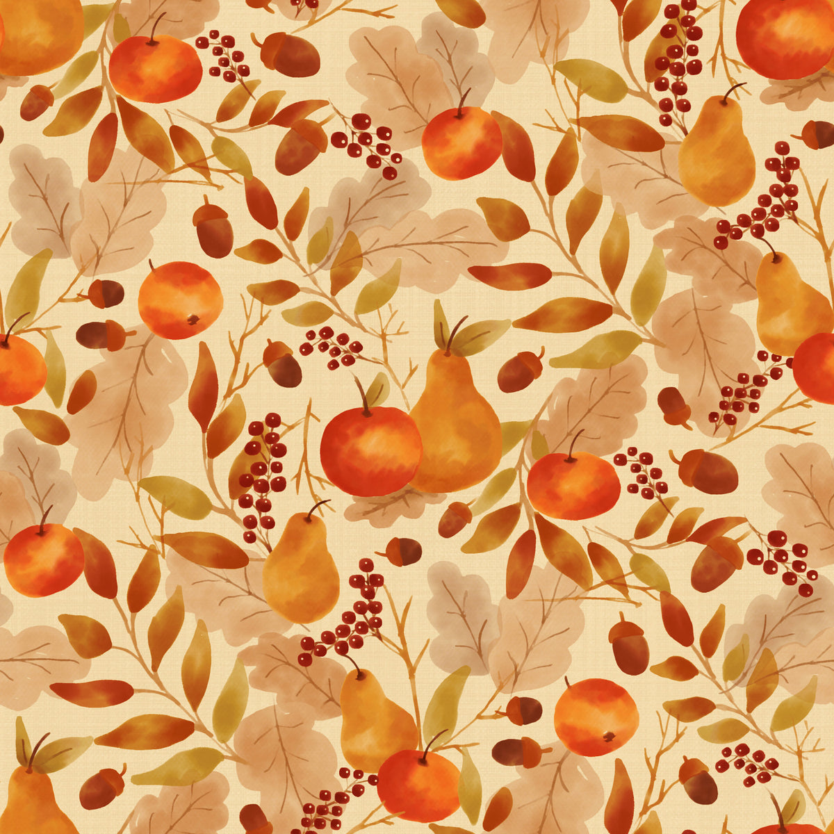 Watercolor Autumn Fruit Leaves Cream Background Harvest Pattern Wallpaper⁠ in your room — zoomed