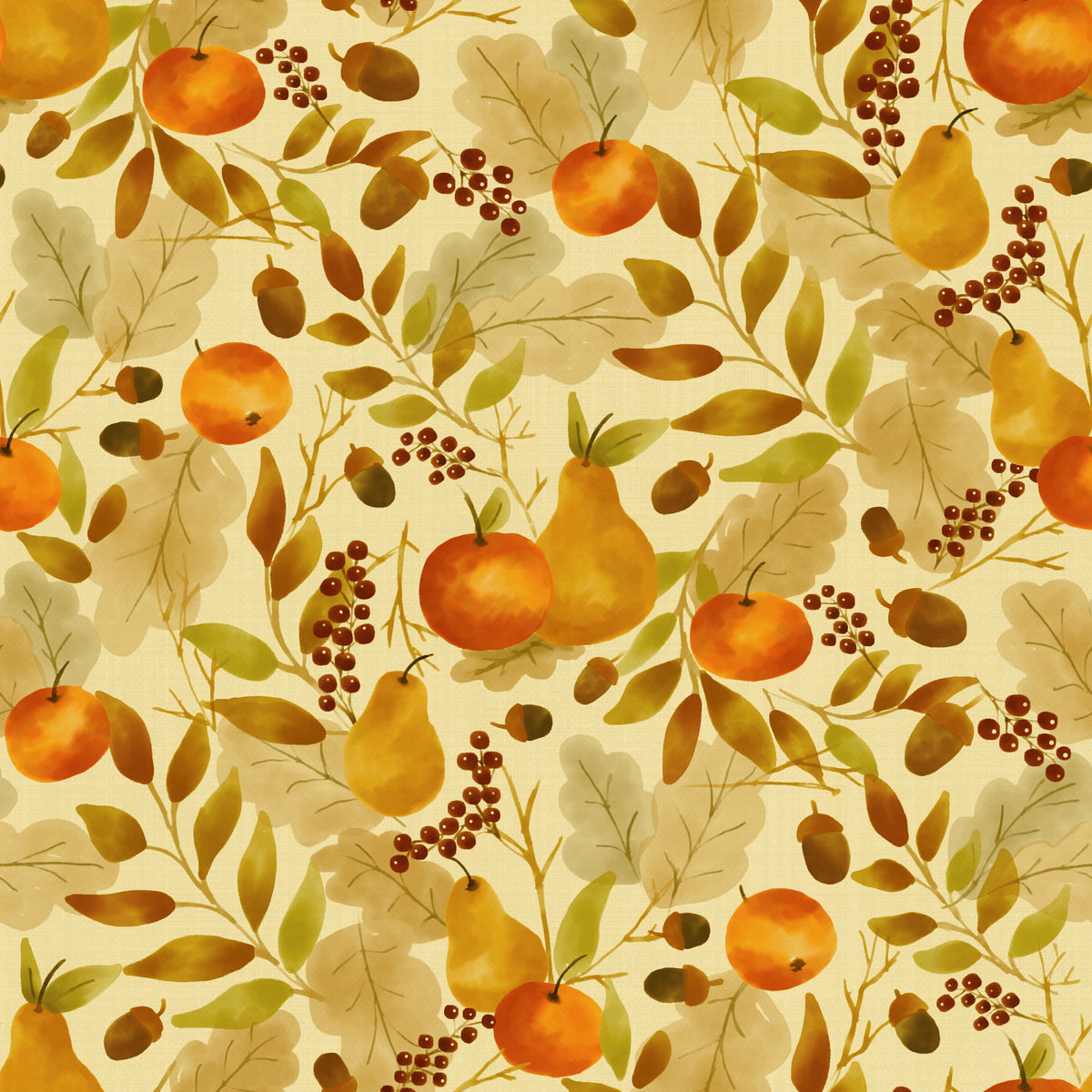 Watercolor Autumn Fruit Leaves Golden Yellow Harvest Pattern Wallpaper⁠ in your room — zoomed