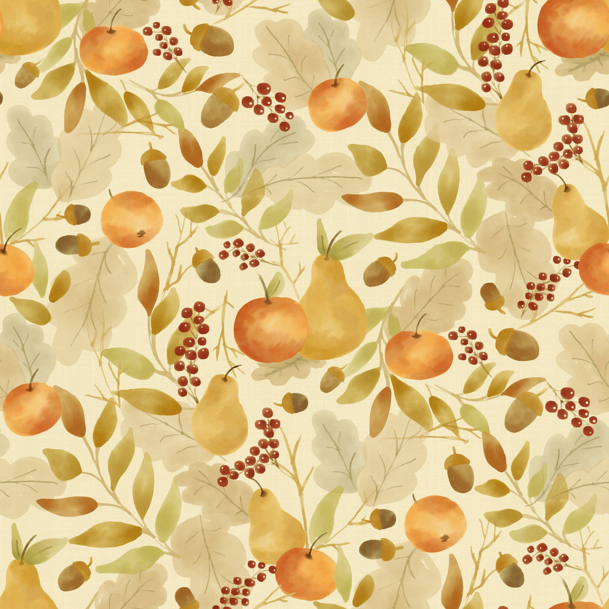 Watercolor Autumn Fruit Leaves Olive Sage Green Harvest Pattern Wallpaper⁠ in your room — zoomed