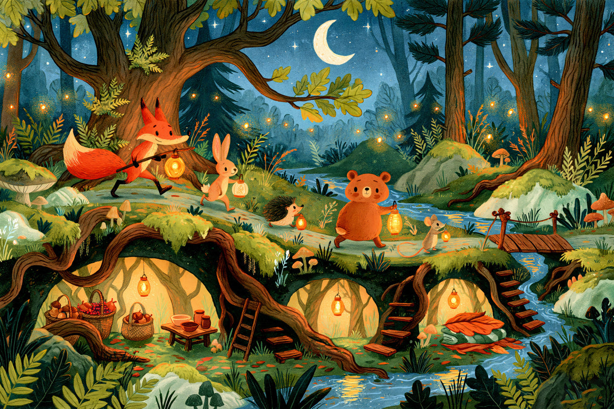 Enchanted Forest Friends Night Walk With Lanterns Wall Mural in your room — zoomed