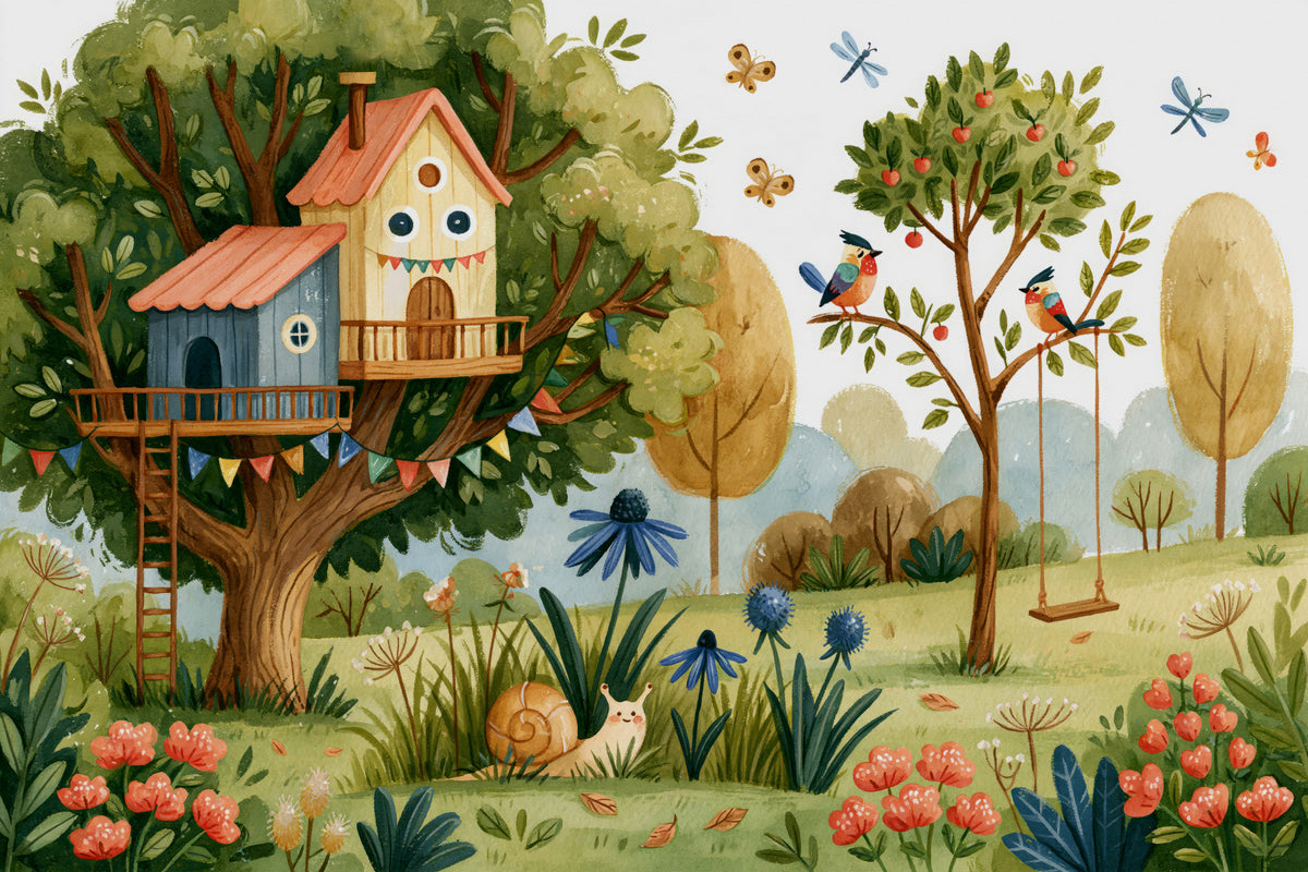 Whimsical Treehouse Garden Scene Wall Mural