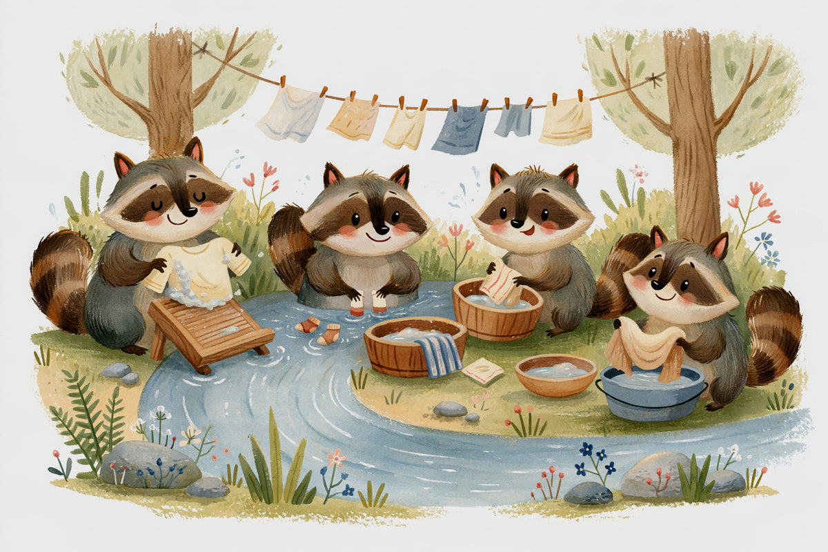 Woodland Friends Raccoons Streamside Wash Day Wall Mural in your room — zoomed