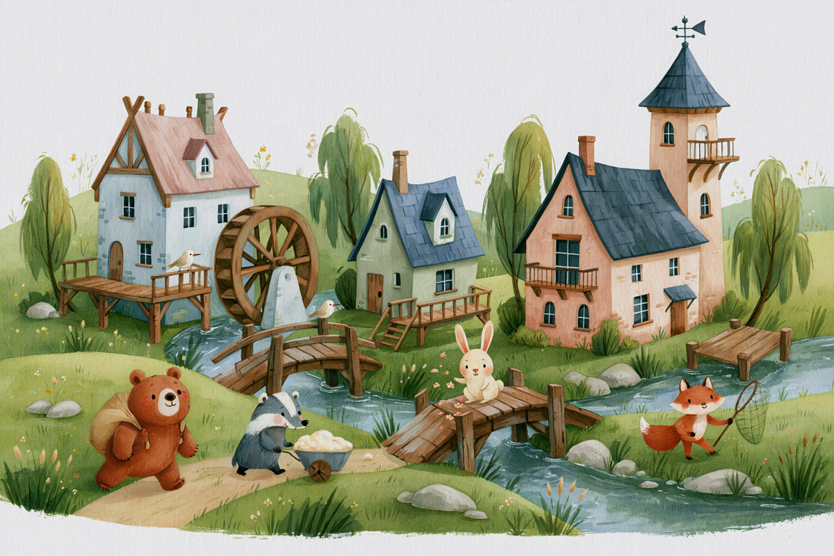 Animated Forest Mill Village Wall Mural
