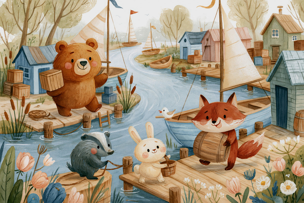 Friendly Woodland Friends at the Docks Wall Mural in your room — zoomed
