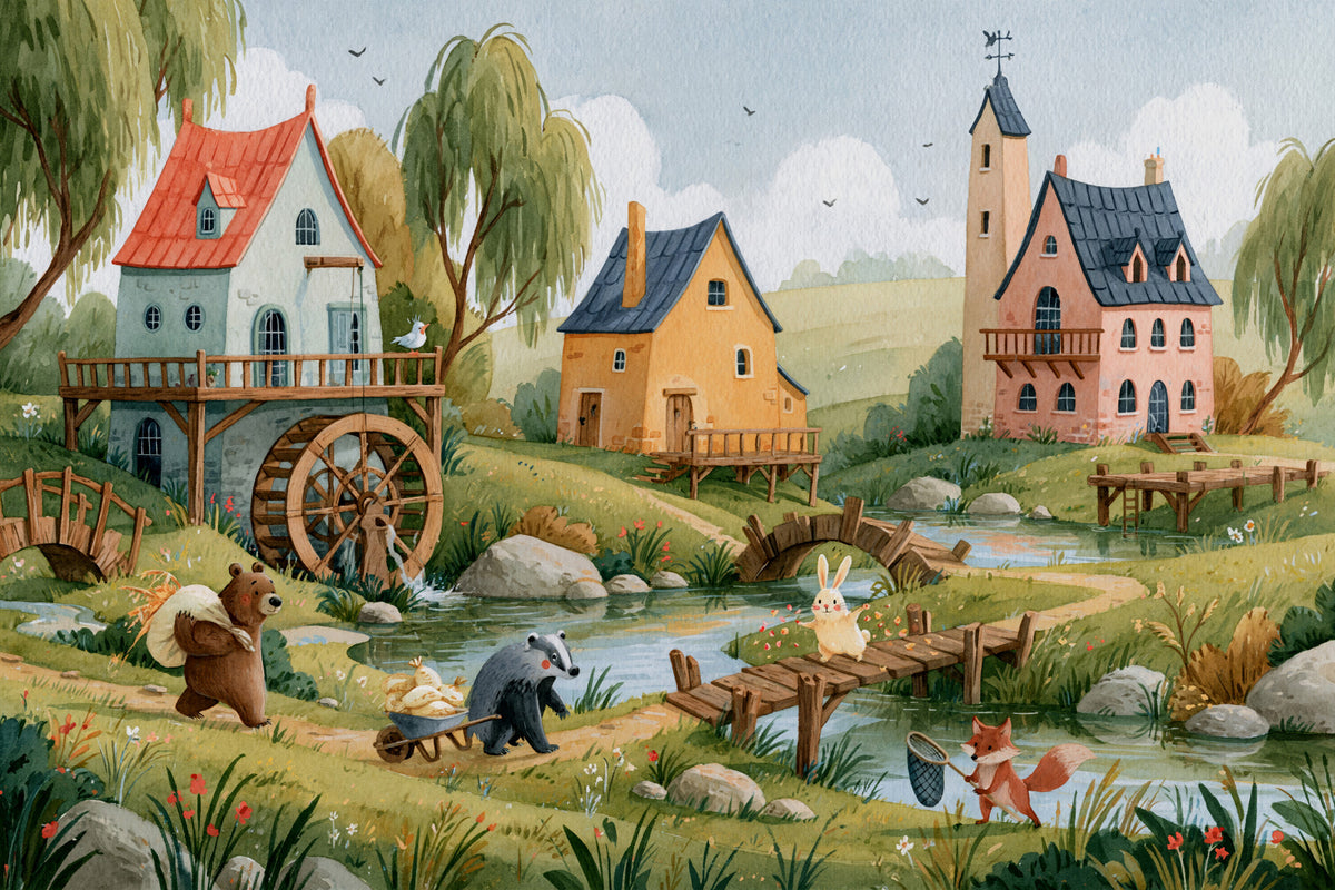 Enchanted Riverbank Woodland Animal Village Wall Mural in your room — zoomed