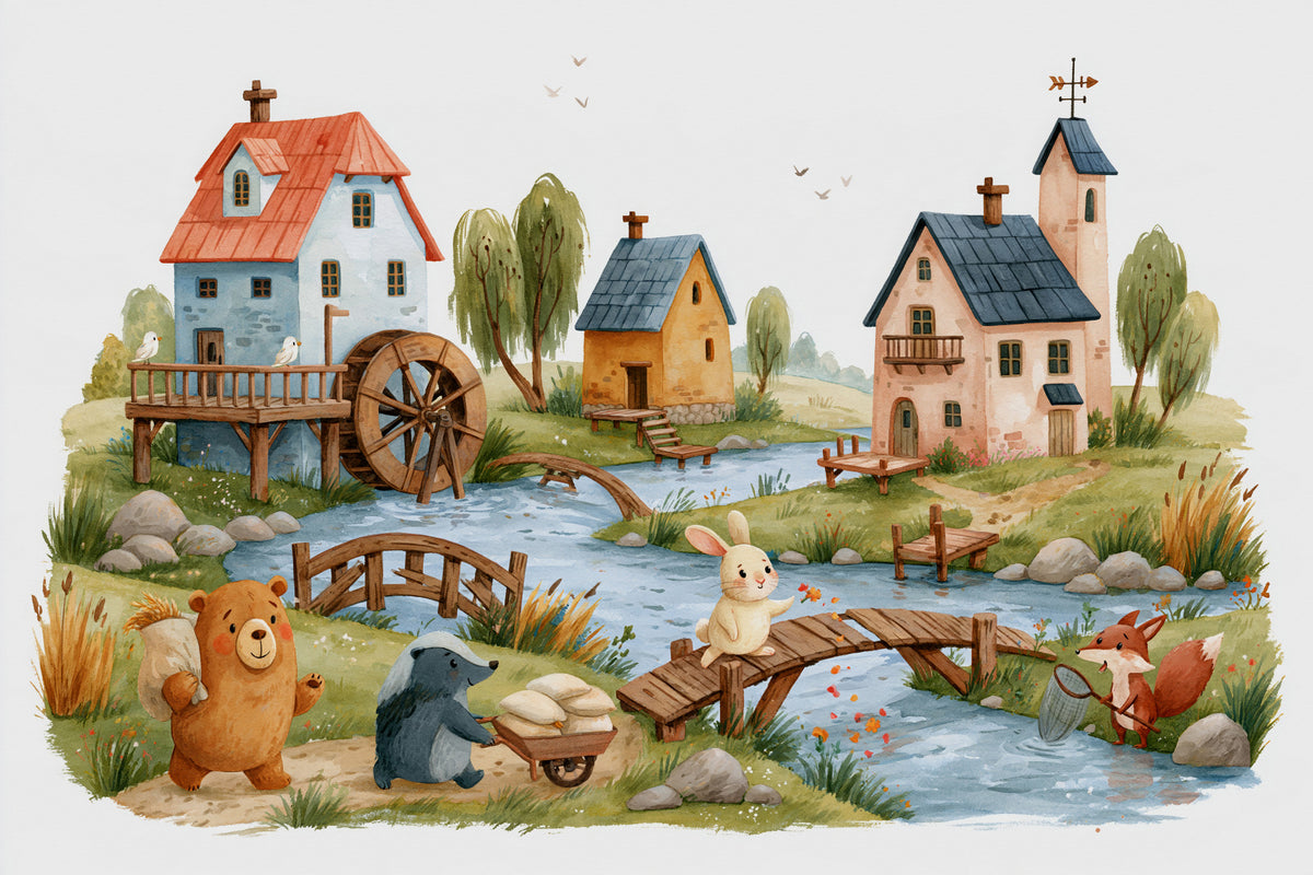 Rustic Woodland Village Friends Wall Mural