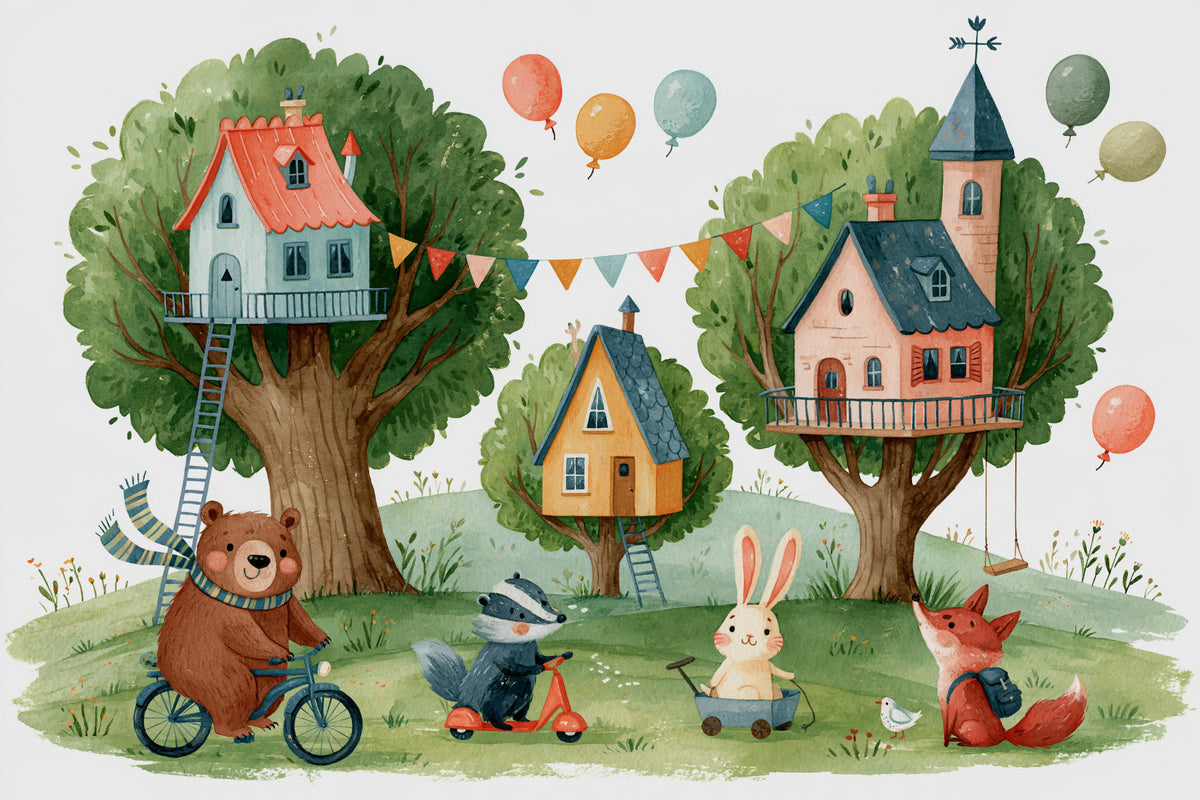 Woodland Friends Treehouse Village Wall Mural in your room — zoomed