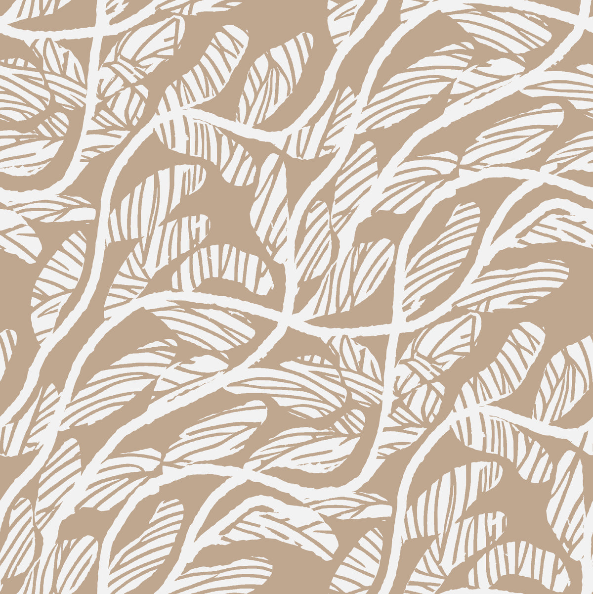 Abstract Foliage Line Art in White and Tan Wallpaper⁠ in your room — zoomed