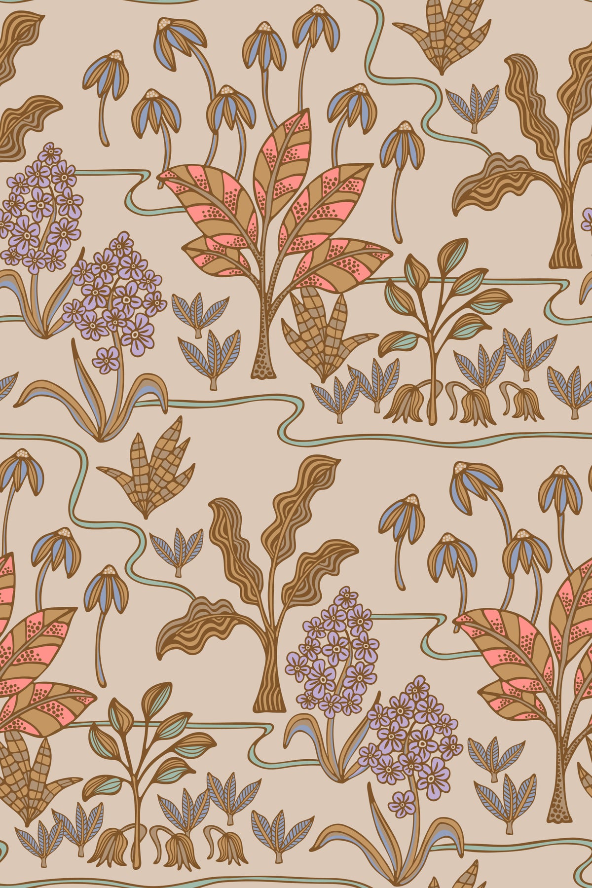 Tropical Garden Toile Charming Floral Botanical Warm Pastels Wallpaper⁠ in your room — zoomed