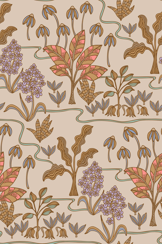 Tropical Garden Toile Charming Floral Botanical Warm Pastels Wallpaper⁠