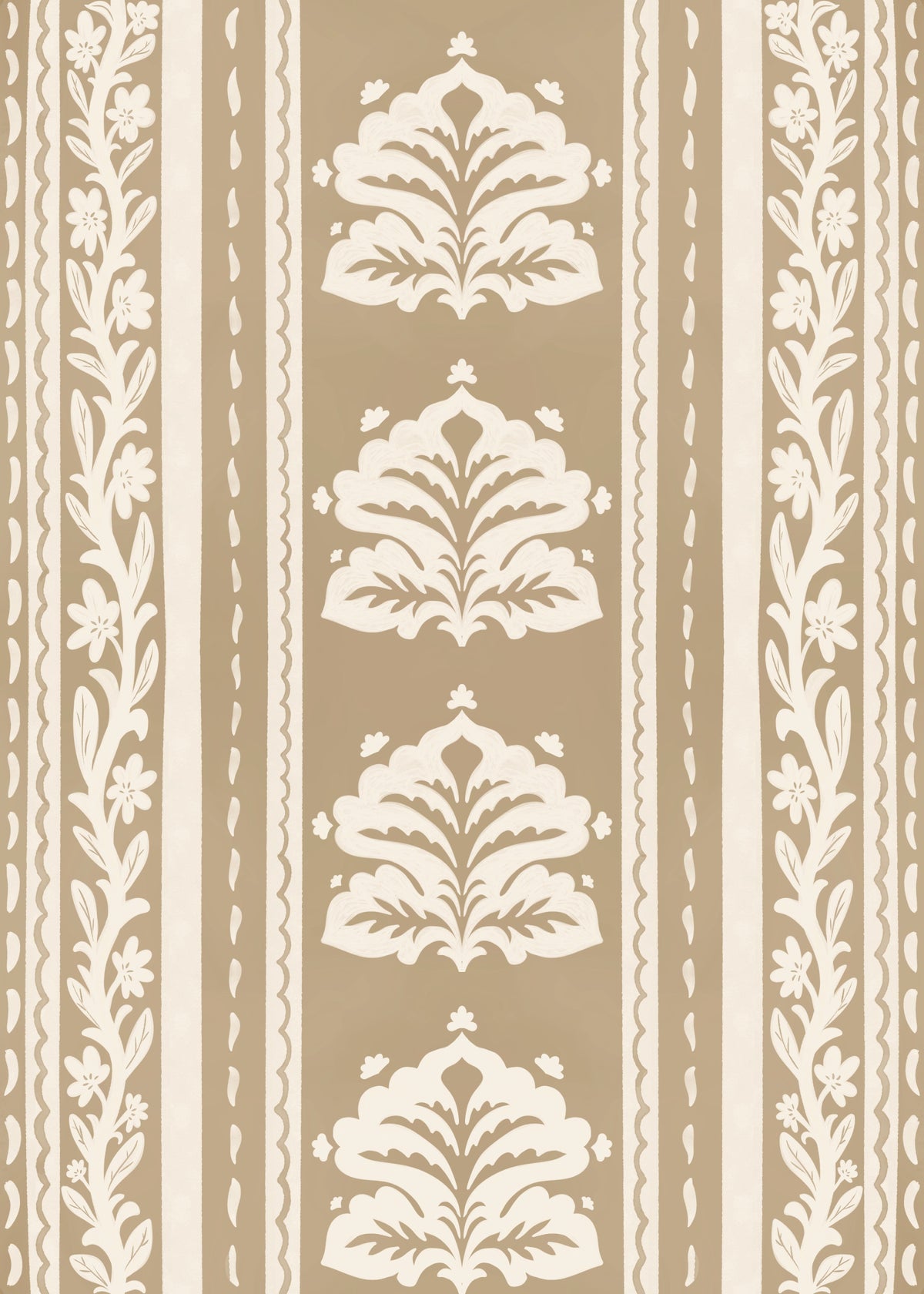Cream and Taupe Botanical Stripe Wallpaper⁠