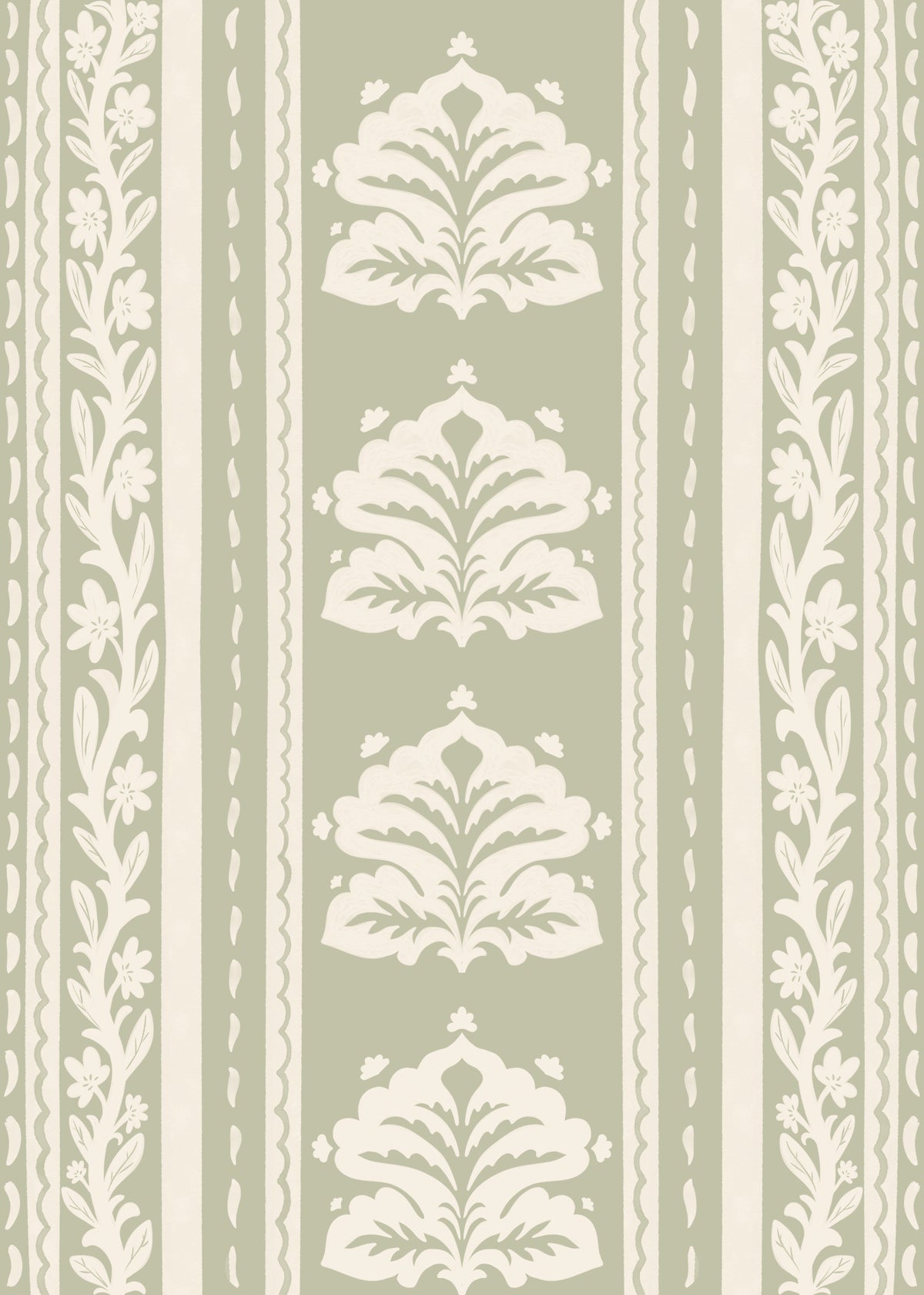 Cream and Sage Botanical Stripe Wallpaper⁠