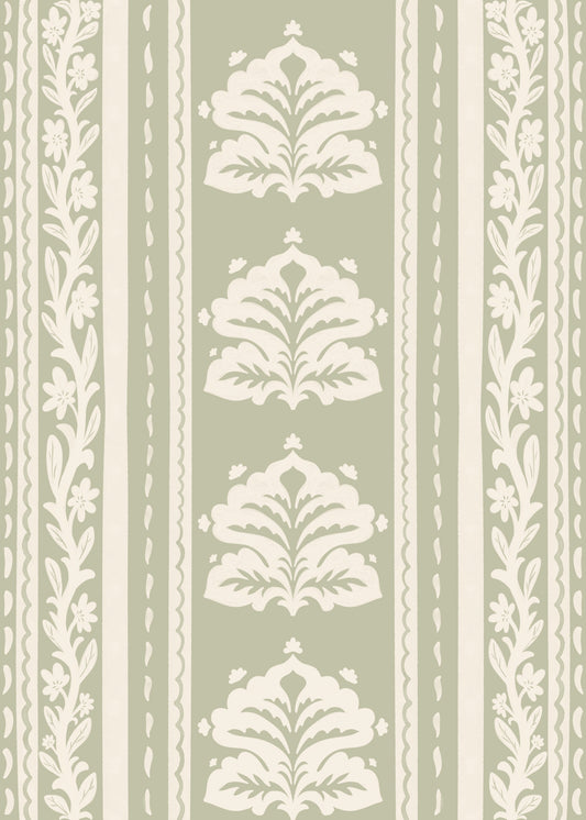 Cream and Sage Botanical Stripe Wallpaper⁠