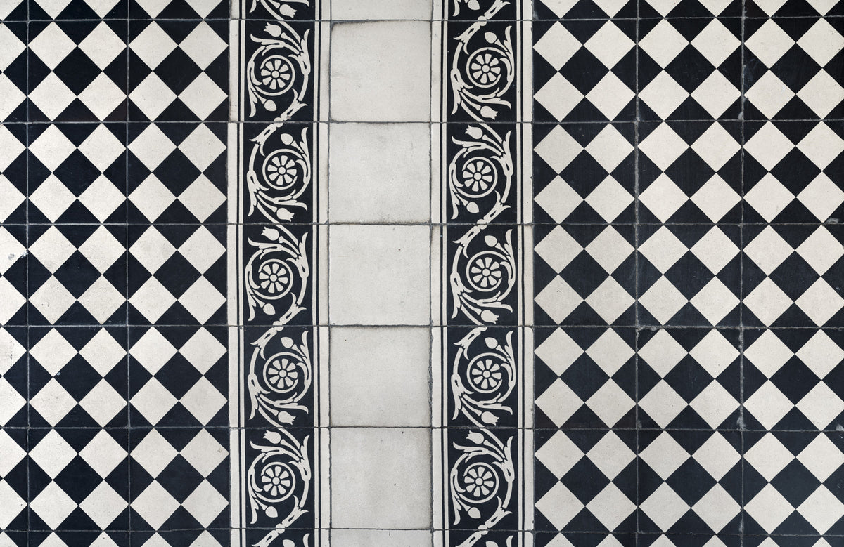 Vintage Black and White Floral Checkerboard Wall Mural