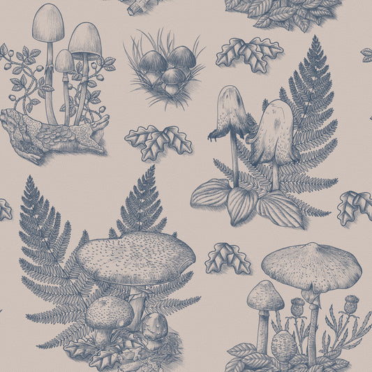 Mushroom - Autumnal Toile de jouy - Blue  Wallpaper⁠