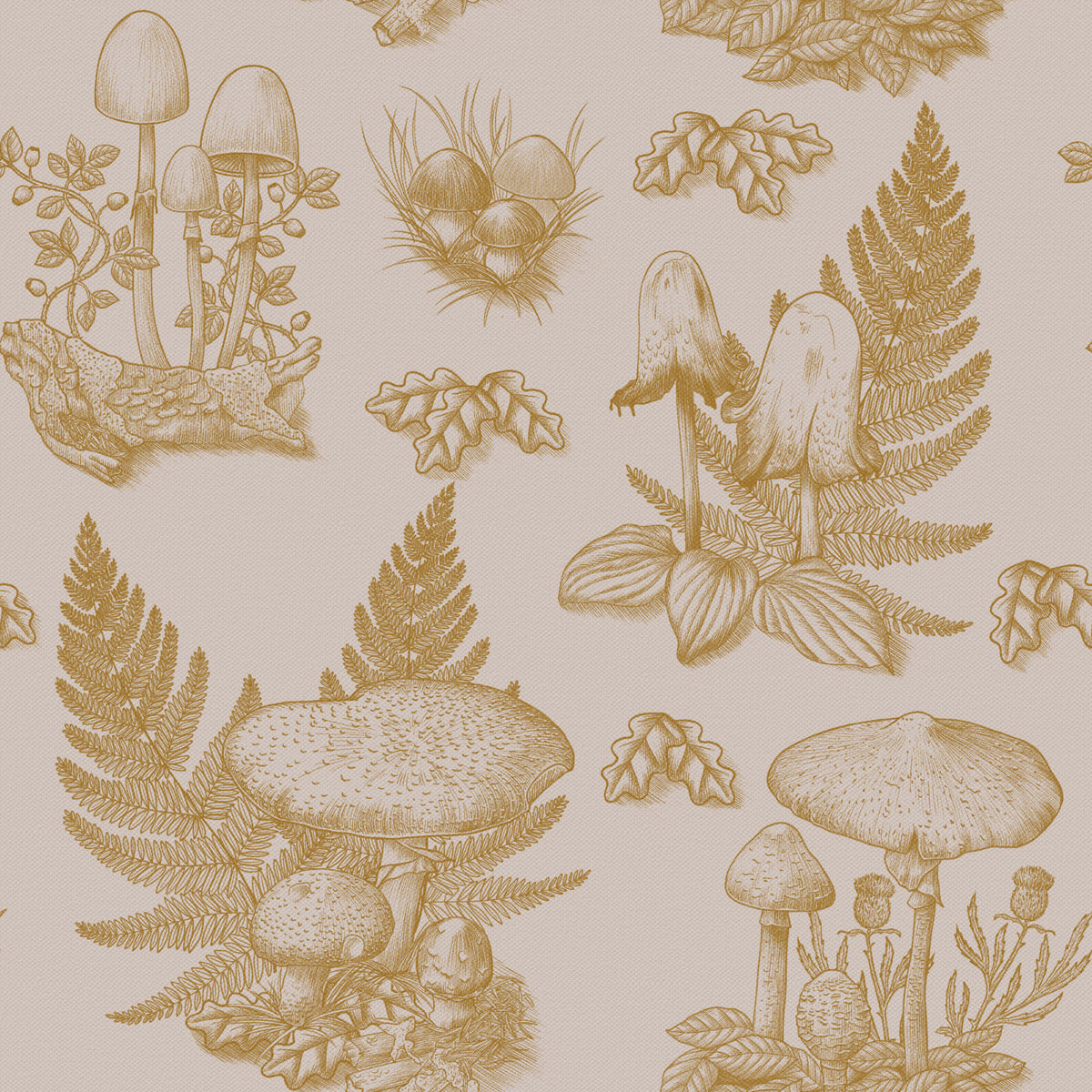 Mushroom - Autumnal Toile de jouy -  Gold Wallpaper⁠