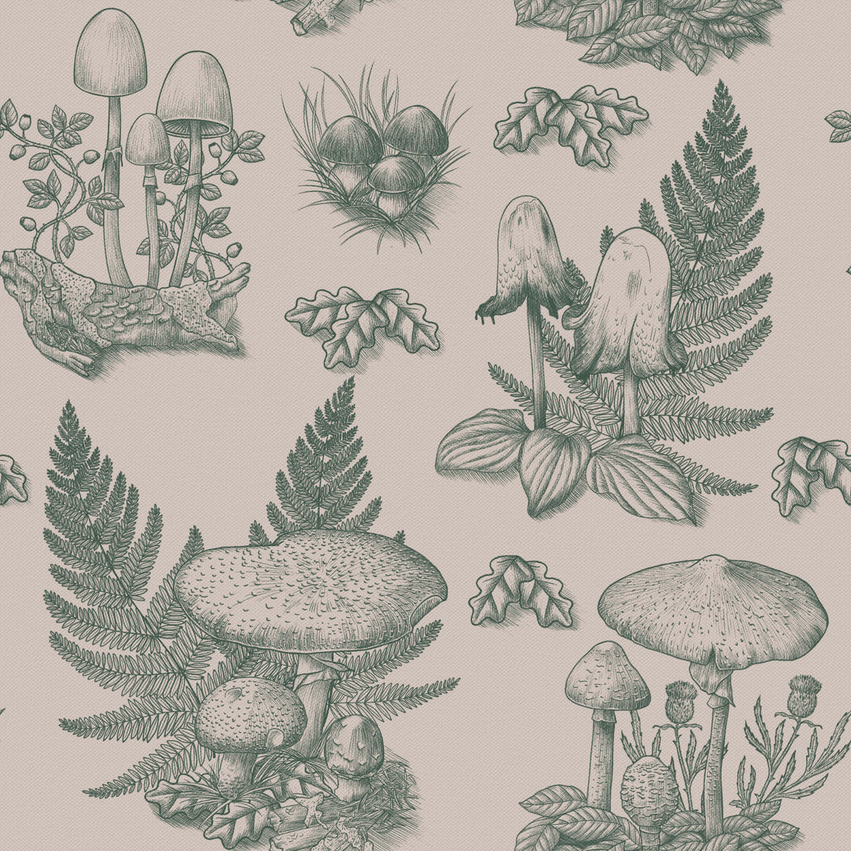 Mushroom - Autumnal Toile de jouy - Green Wallpaper⁠ in your room — zoomed