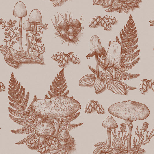 Mushroom - Autumnal Toile de jouy - Rusty Red Wallpaper⁠