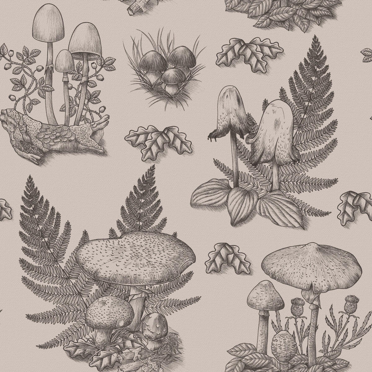 Mushroom - Autumnal Toile de jouy - Sepia Wallpaper⁠