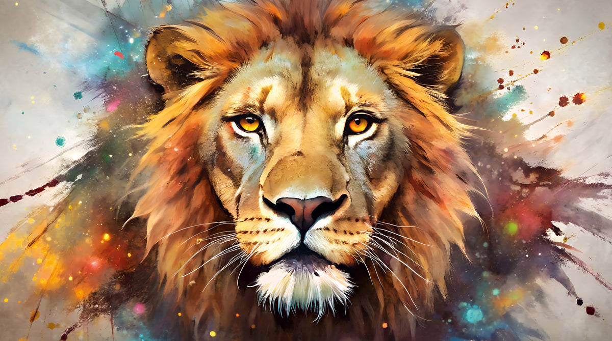 Majestic Lion Portrait with Vibrant Splatter Art Wall Mural in your room — zoomed